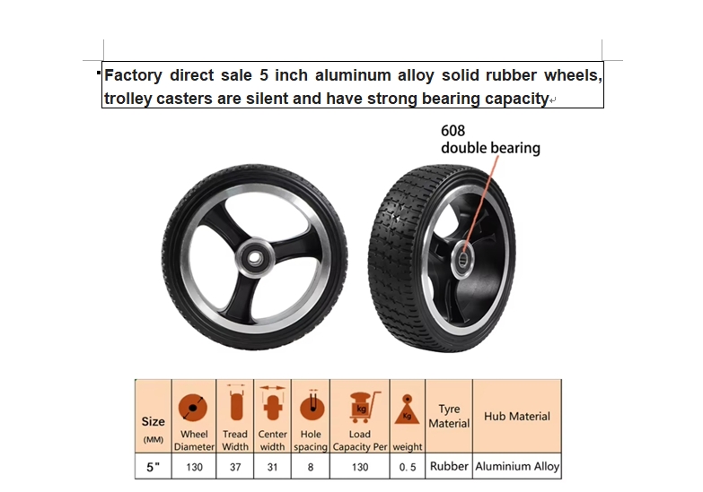 5inch aluminum alloy solid rubber wheels  strong bearing capacity