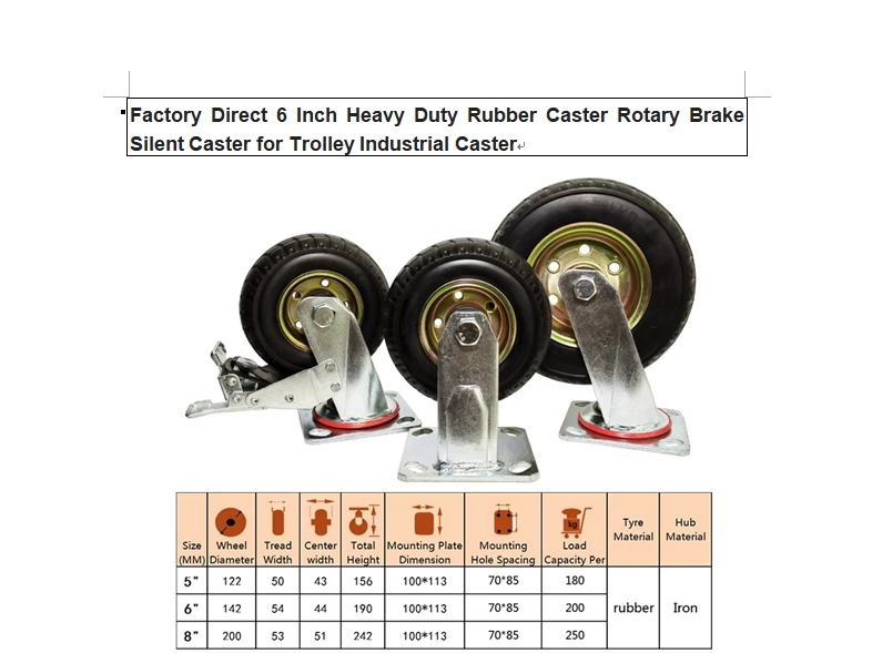 6inch heavy duty ruber caster rotary brake silent caster for trolley industrial caster