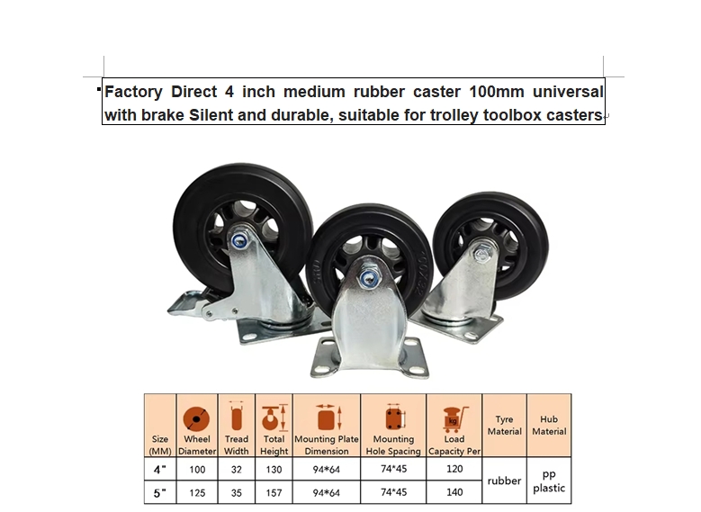 4inch medium rubber caster universal with brake silent and durable for trolley toolbox caster