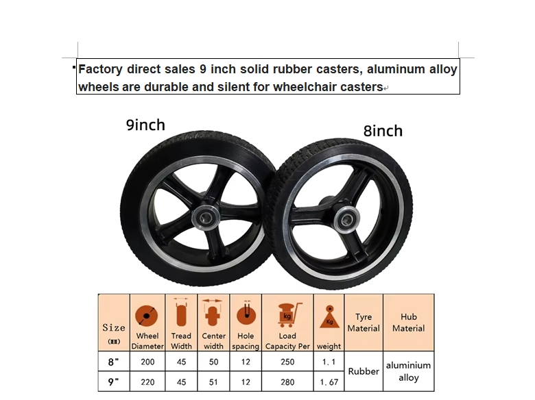 9inch solid rubber casters , aluminum alloy wheels are durable and silent for wheelchair casters