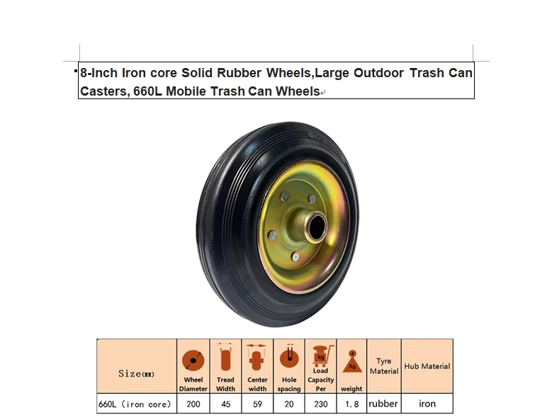 8inch iron core solid rubber wheels , large outdoor trash can casters ,trash can wheels