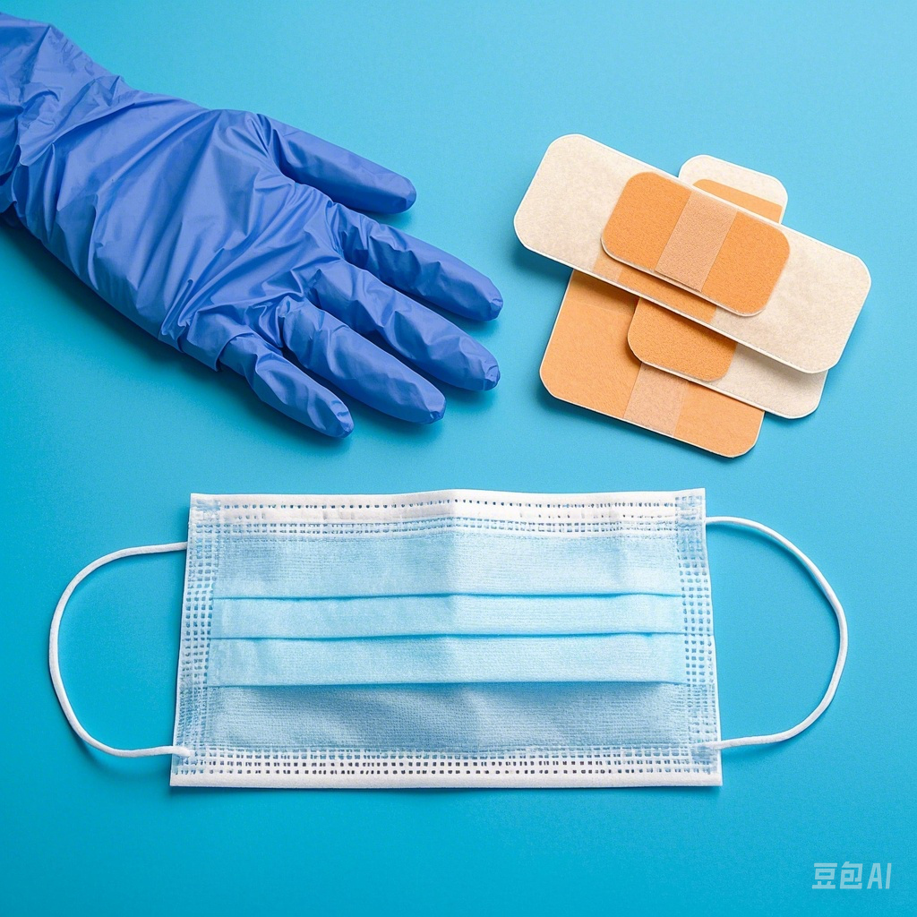 Masks, protective headgear, gloves, protective clothing, first aid kits, adhesive bandages, etc