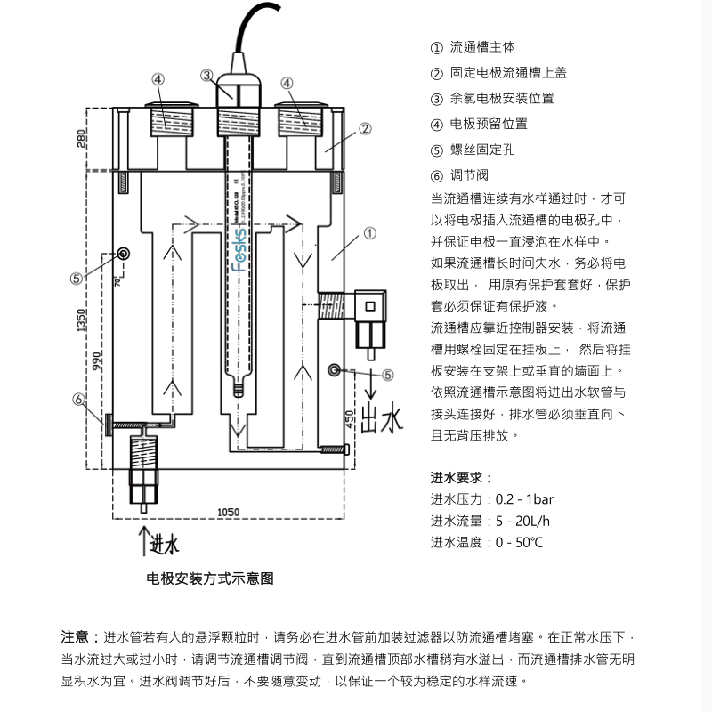 恒电压法余氯传感器 安装示意图