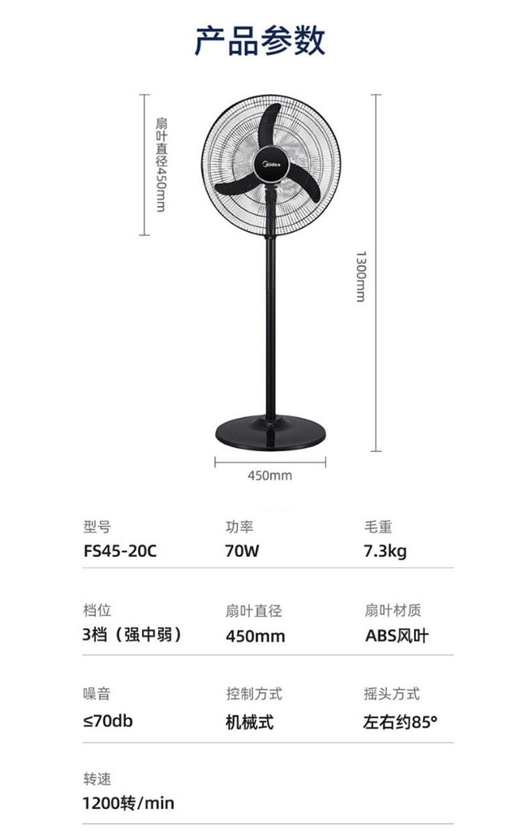 美的工业扇18寸三叶牛角叶风扇FS45-20C