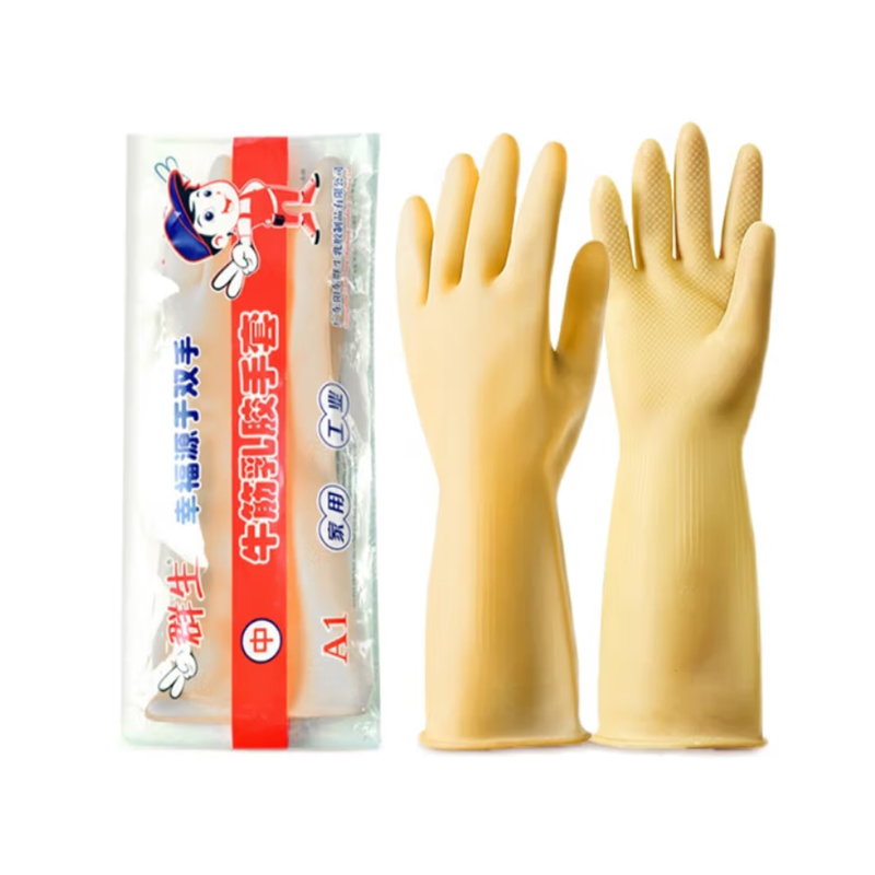 群生手套洗碗手套耐用家务手套防水加长乳胶天然橡胶 米白色
