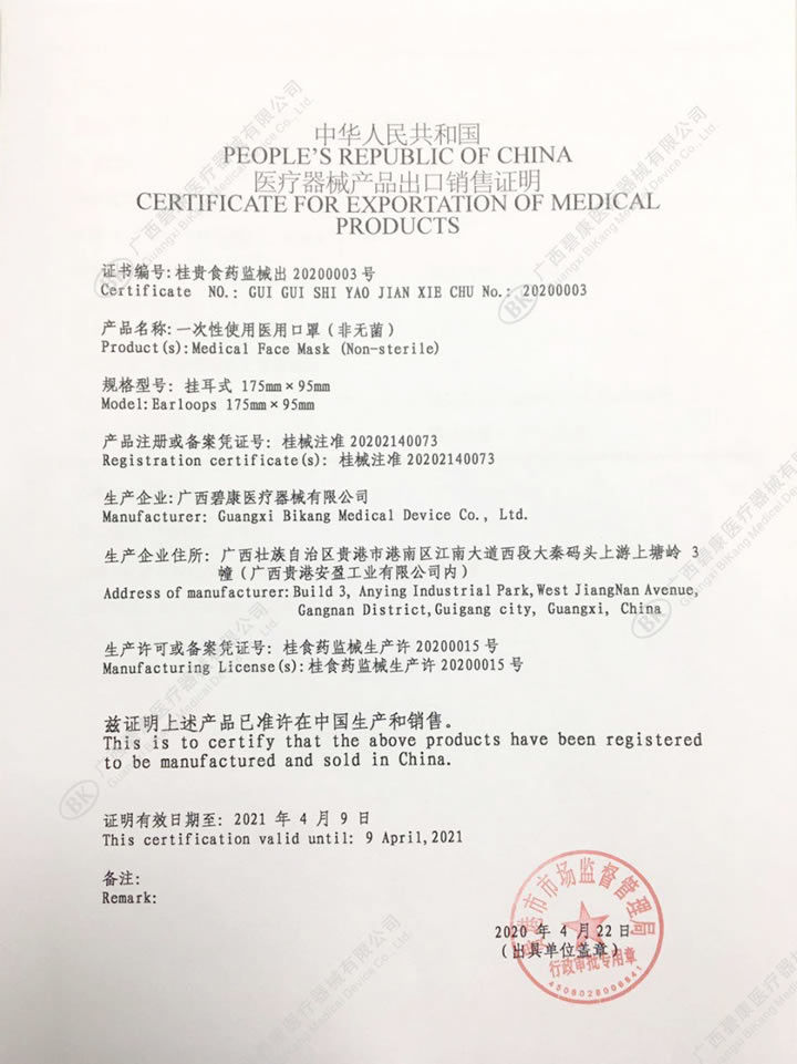Certificate for exportation of medical products