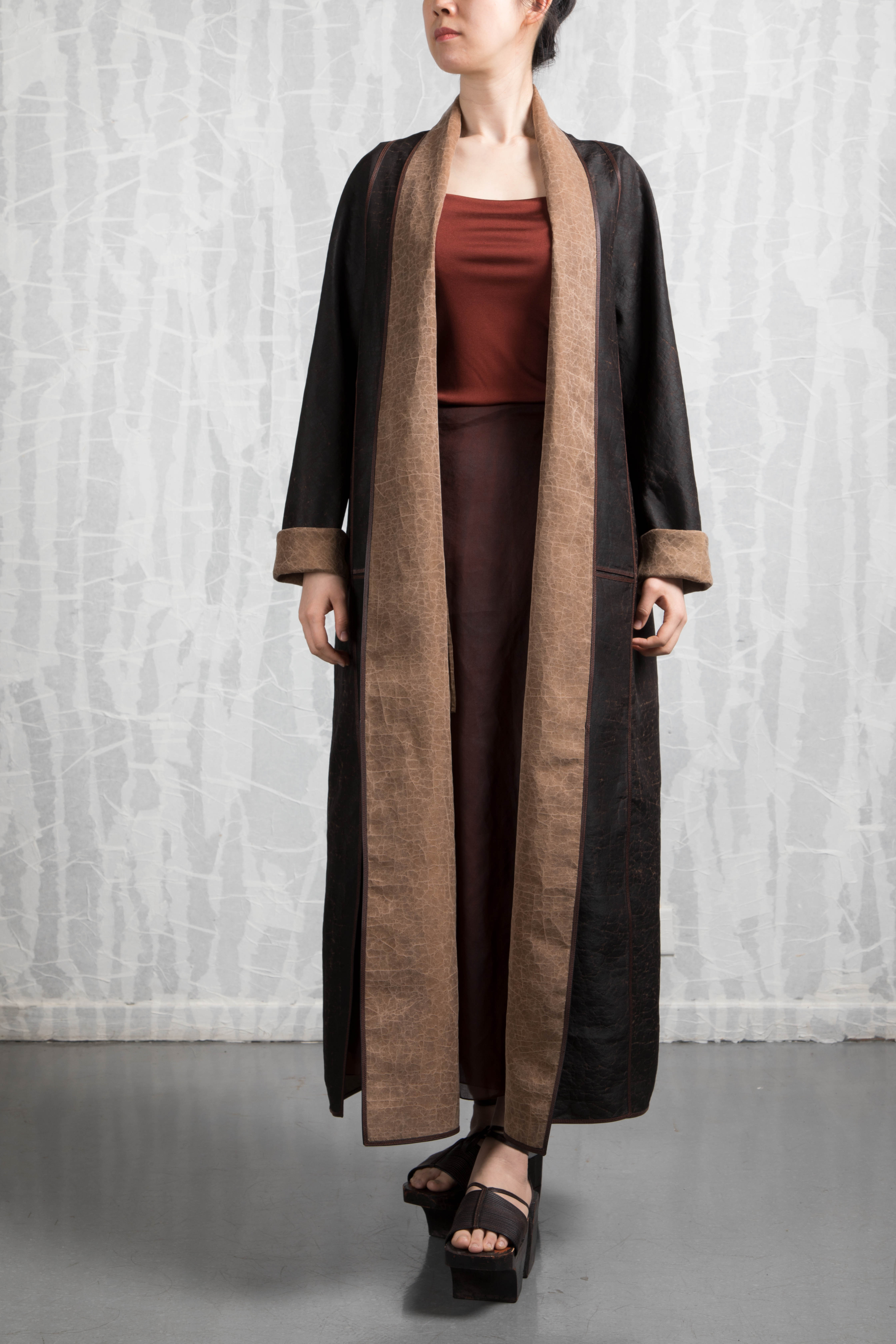revesible teasilk wrap dress-coat with leather trim