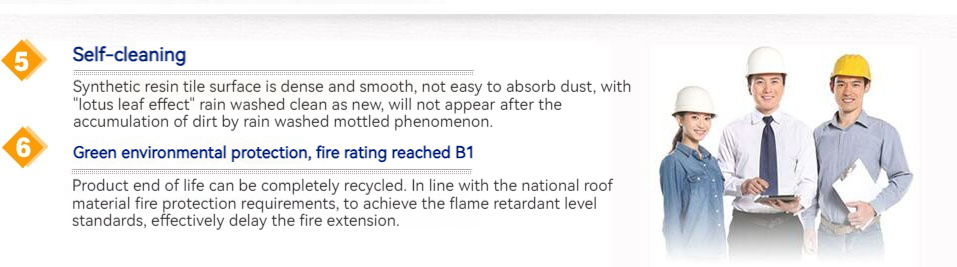 Synthetic resin tiles are fire-resistant, self-cleaning, green and fireproof.