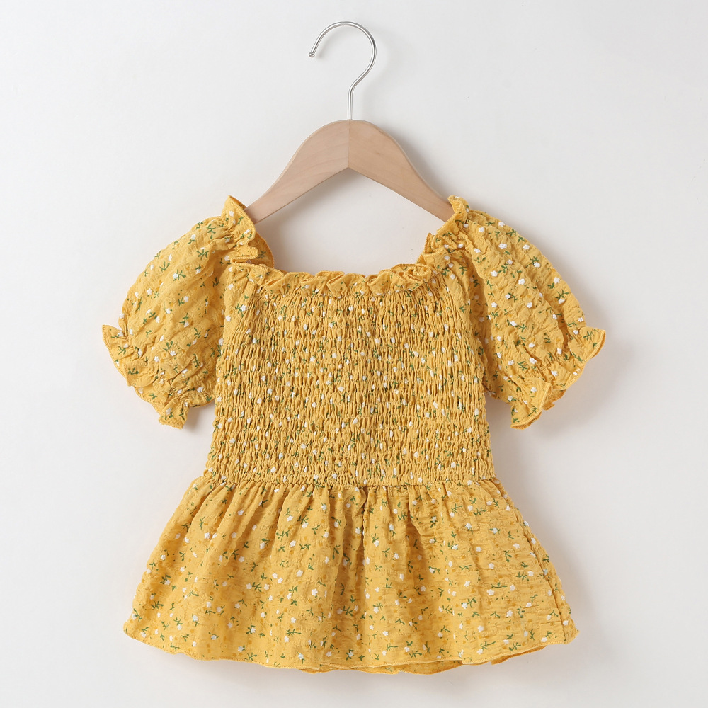 Yellow Lace Collar Floral Smocking Top
