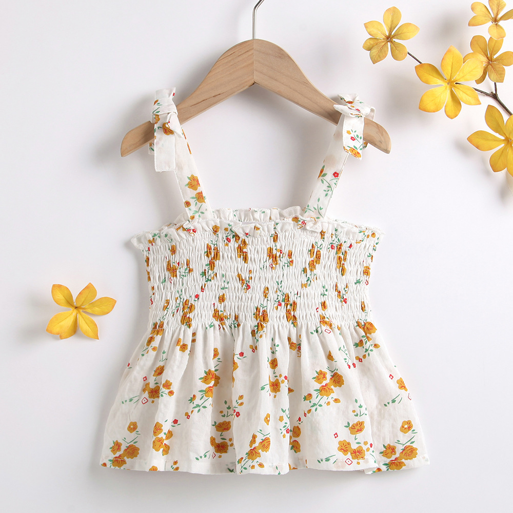 Yellow Floral Print Top With Suspenders Smocking Dress