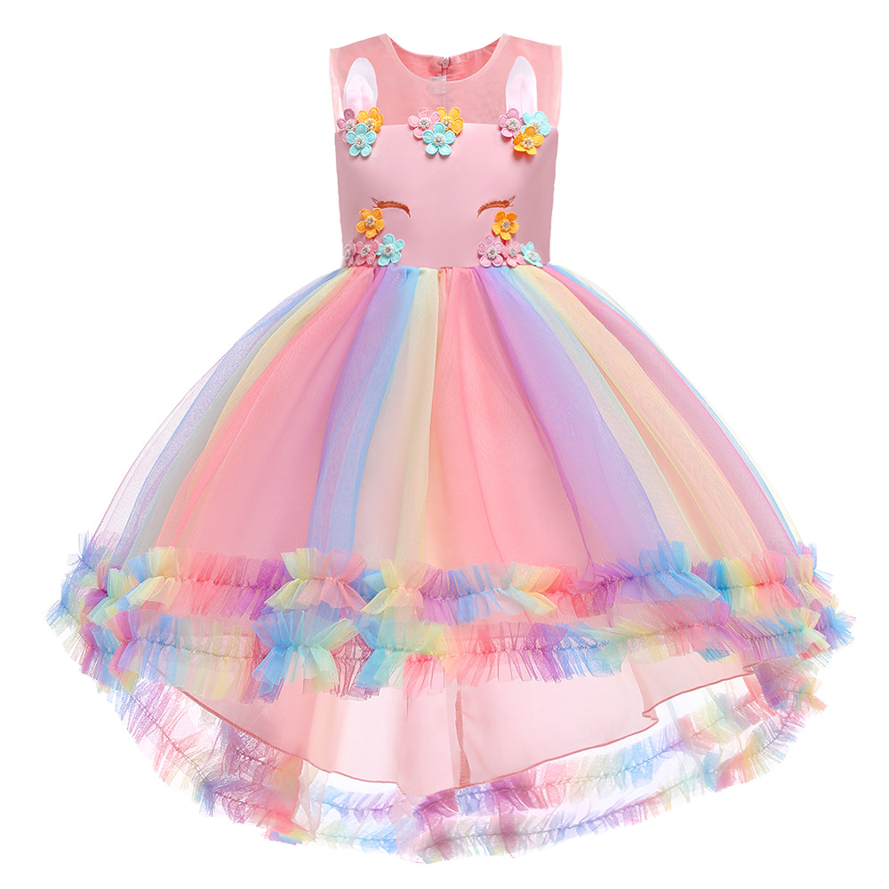 Children's unicorn dress girl princess dress fluffy rainbow skirt festival catwalk host performance costume tuxedo skirt