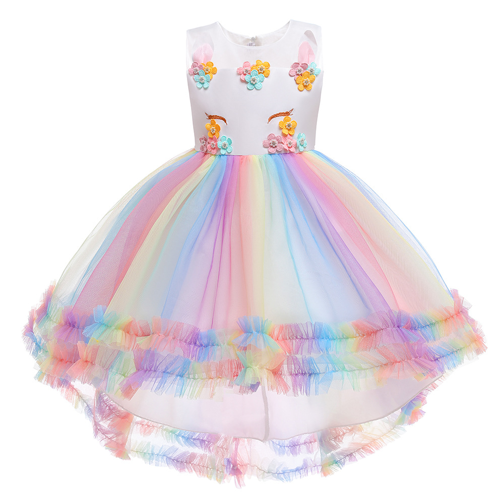 Children's unicorn dress girl princess dress fluffy rainbow skirt festival catwalk host performance costume tuxedo skirt