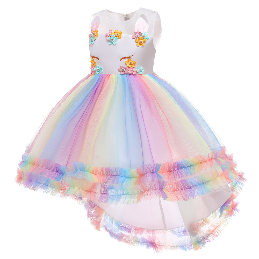 Children's unicorn dress girl princess dress fluffy rainbow skirt festival catwalk host performance costume tuxedo skirt