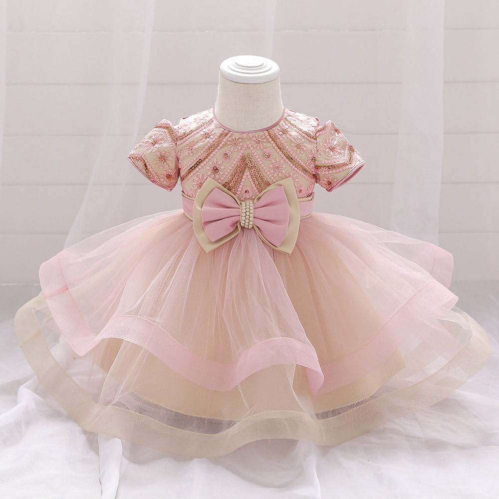 Infant baby 100-day birthday dress children's dress little girl flower girl mesh puffy dress princess dress