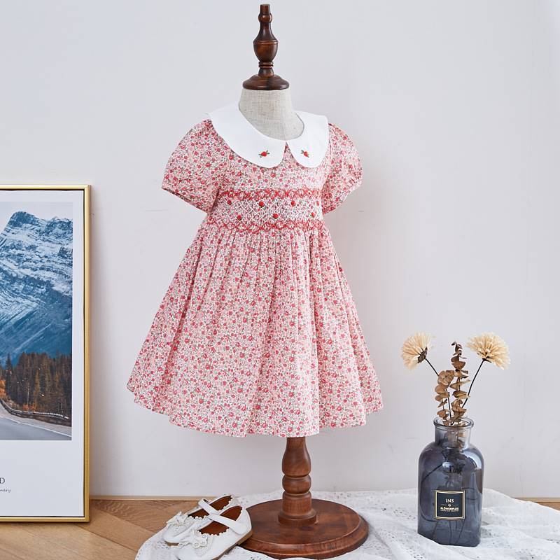 2022 summer new girl's dress European and American children's clothing floral skirt handmade smocked short-sleeved children's princess skirt