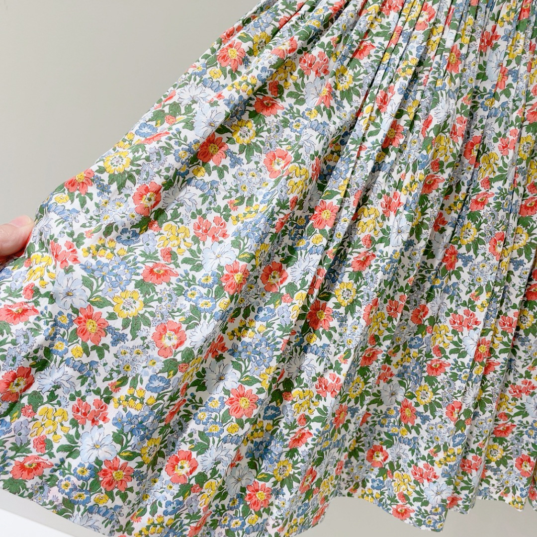 Children's clothing 22 spring and summer girls cotton green floral smocking dress French farmer skirt short-sleeved A-line skirt