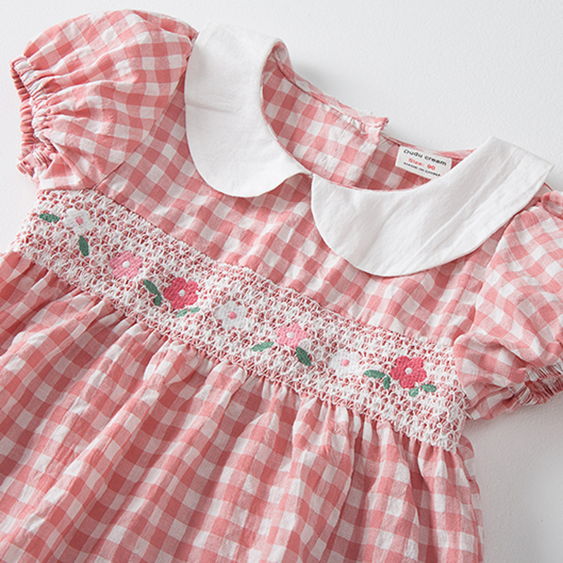 2022 summer new doll collar flower embroidery girls dress plaid smocked children's skirt