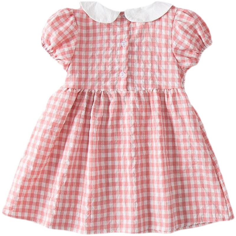 2022 summer new doll collar flower embroidery girls dress plaid smocked children's skirt