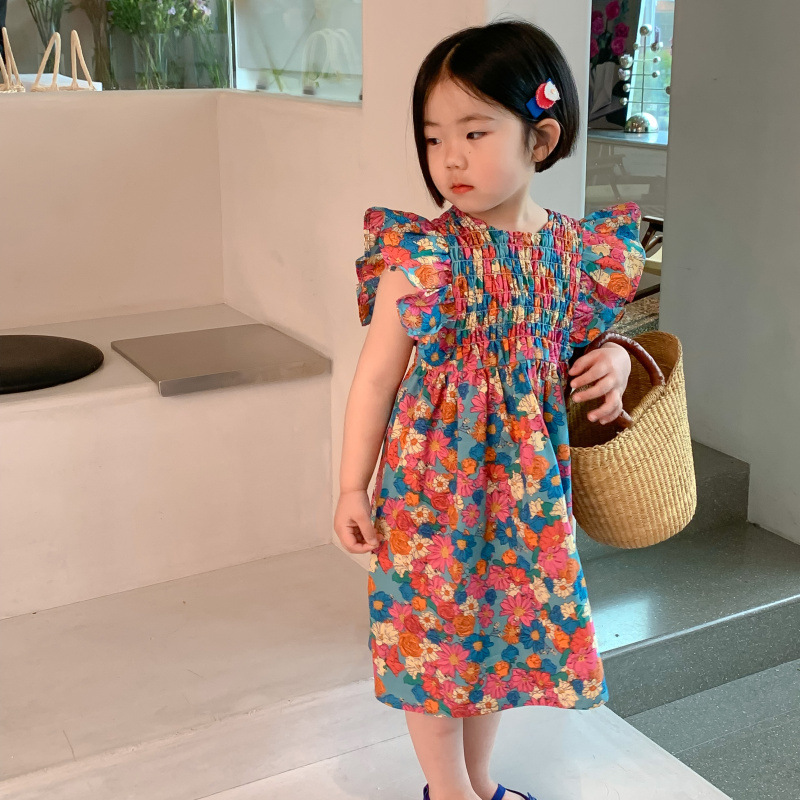 Girls smocked floral print flying sleeve cotton dress summer Korean version children's princess skirt Korean version children's clothing