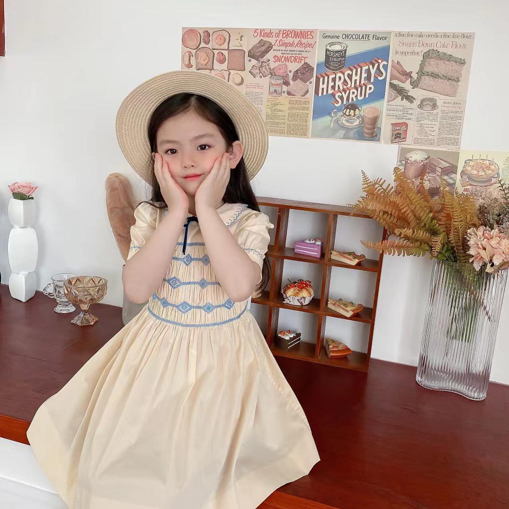 2022 summer new products children's clothing girls heavy industry smocked small lapel dress princess dress skirt