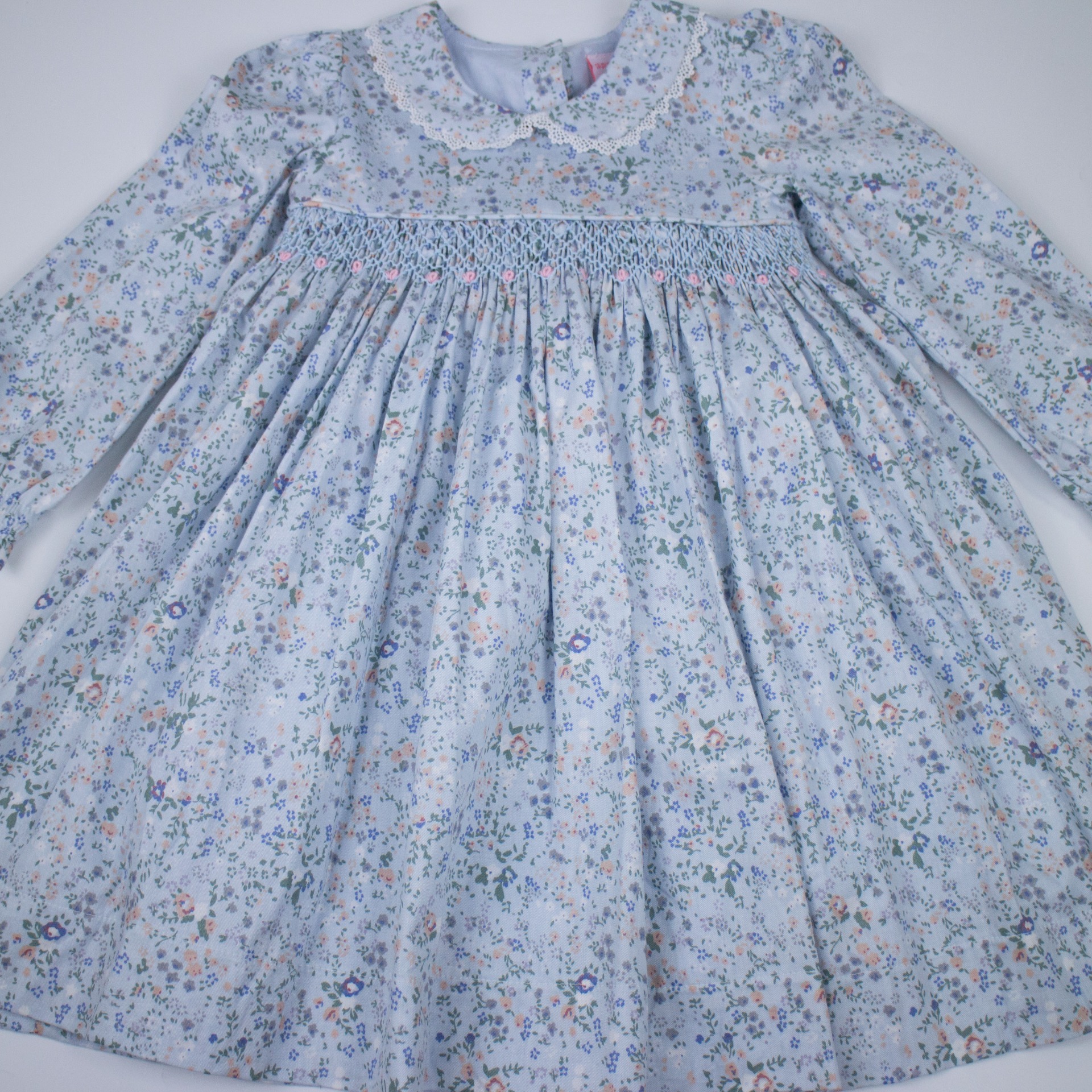 hand smocked dresses long pleated blue floral round neck bow autumn cotton handmade ice flower lace full retro autumn flowers