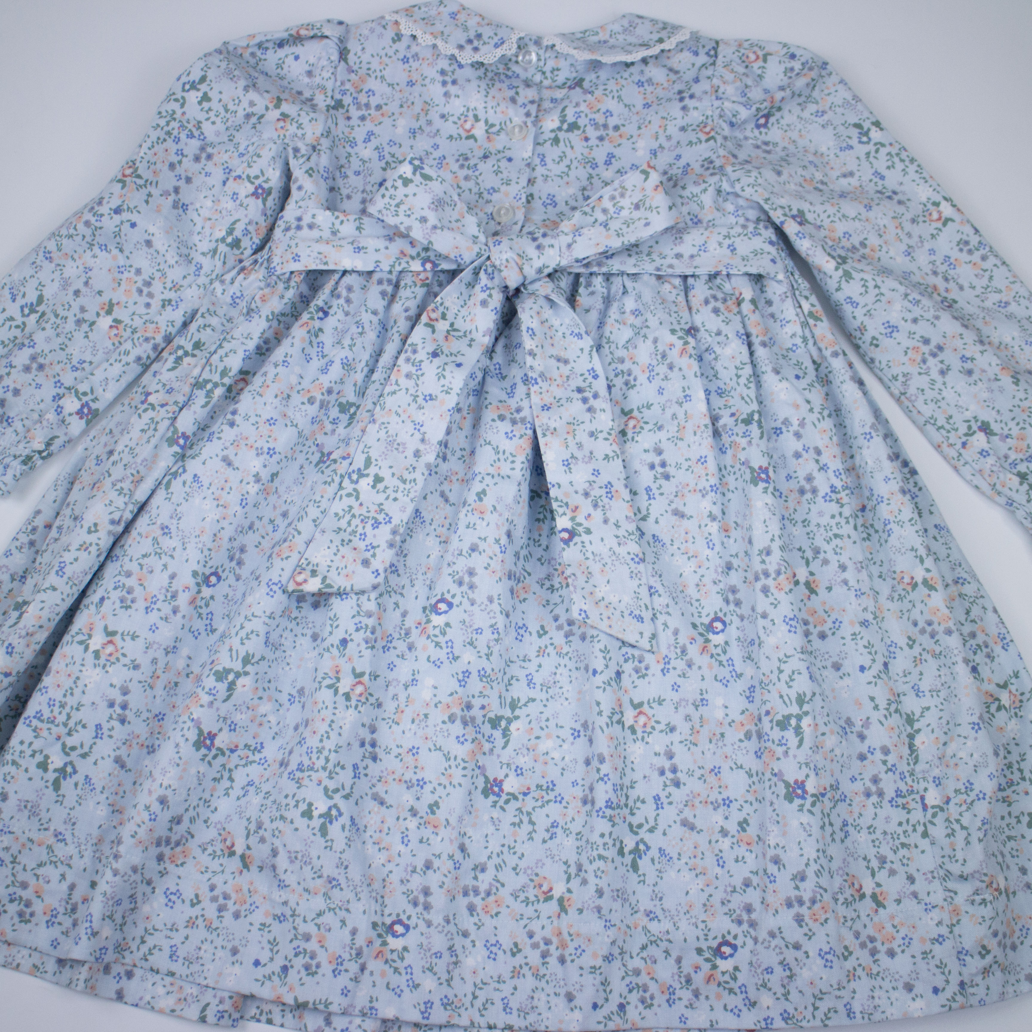 hand smocked dresses long pleated blue floral round neck bow autumn cotton handmade ice flower lace full retro autumn flowers
