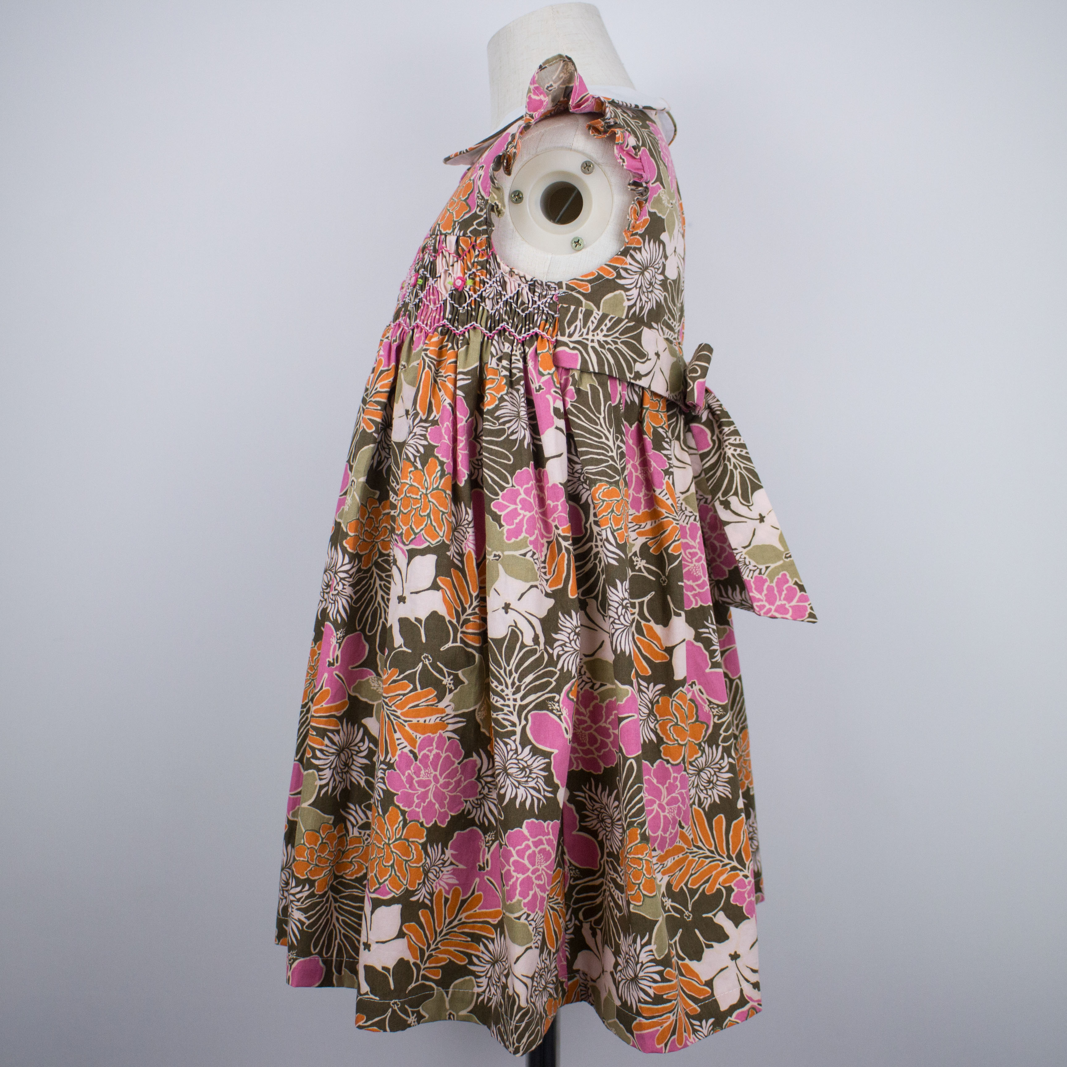 kids smock dress smocled children High waist with doll collar print girls smocking dress