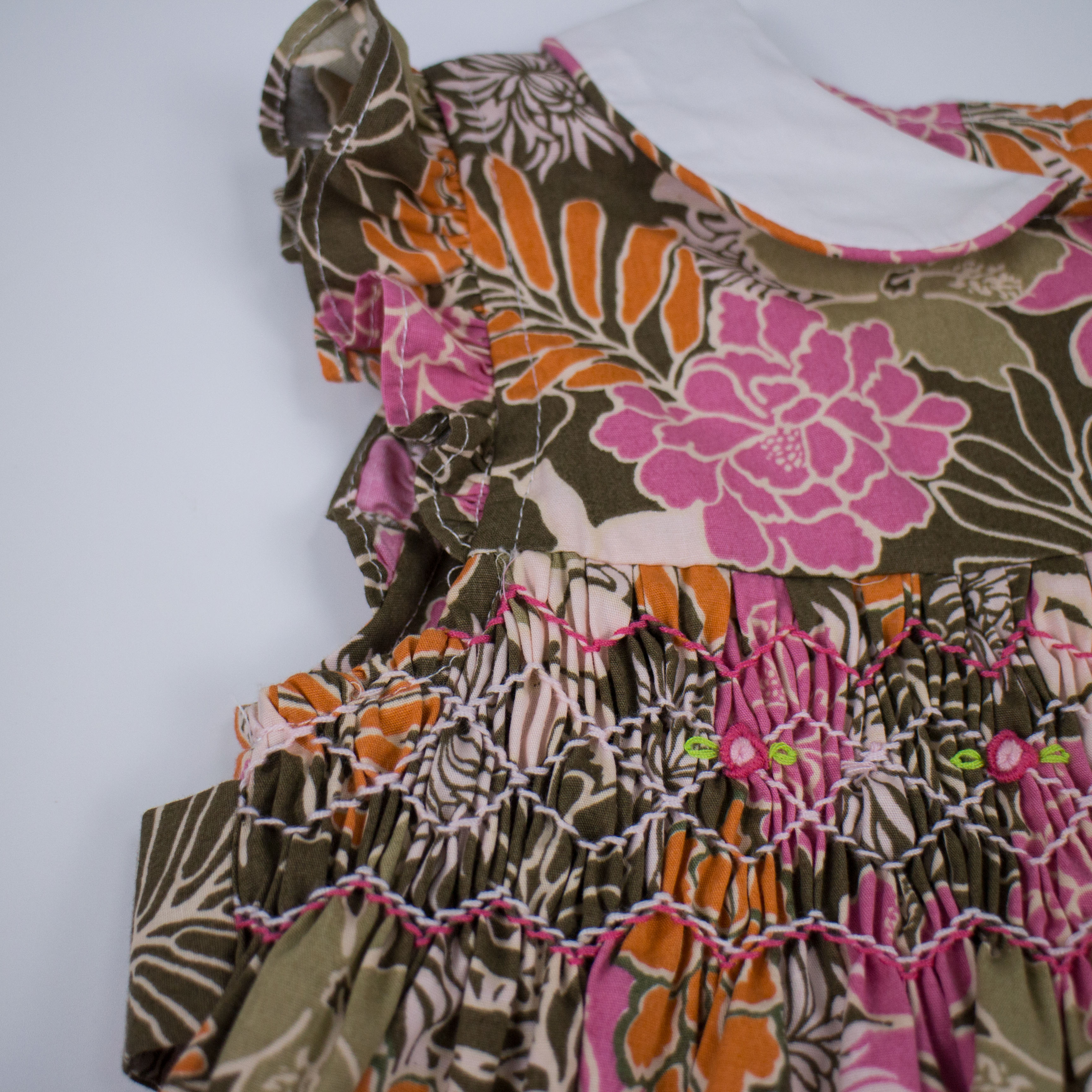 kids smock dress smocled children High waist with doll collar print girls smocking dress