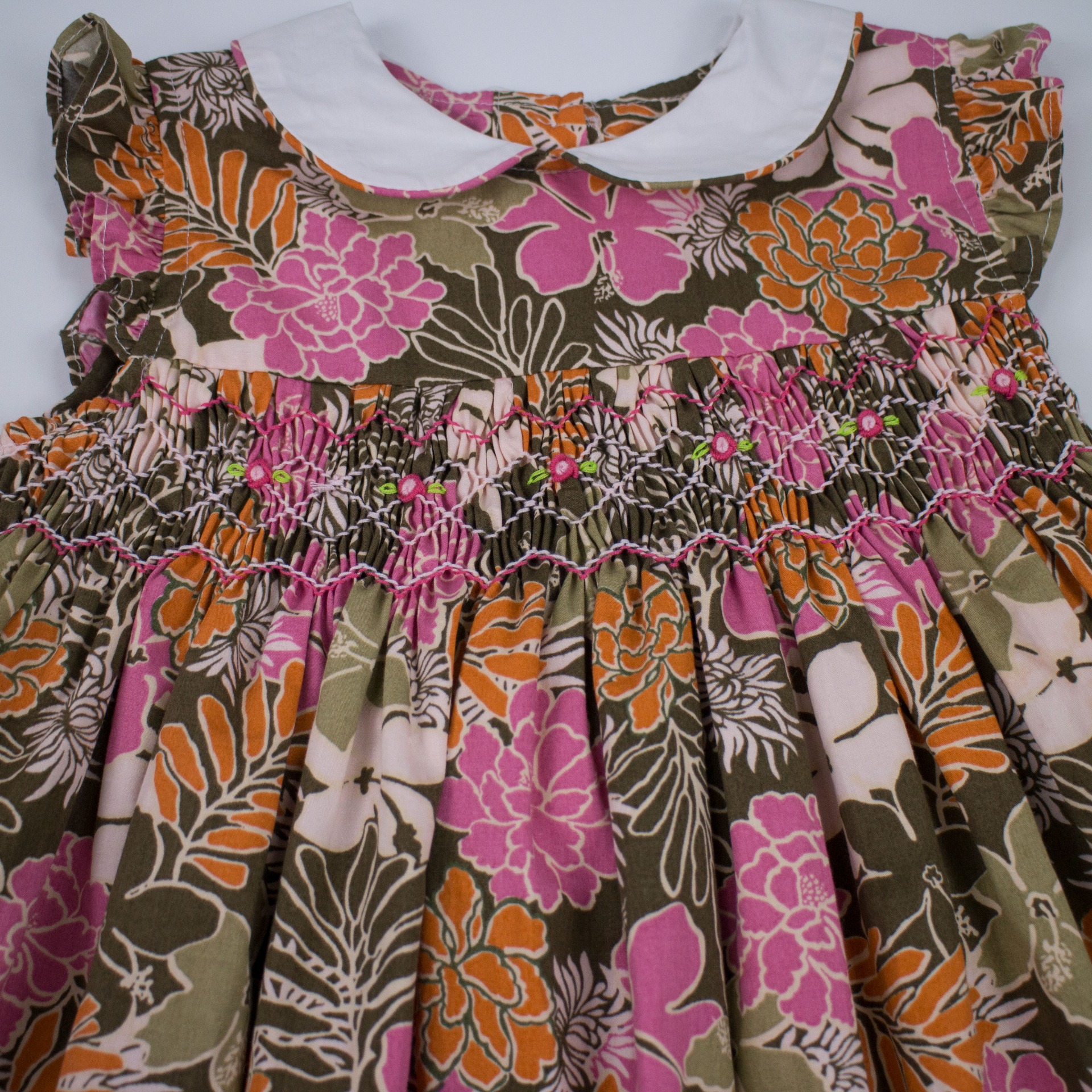 kids smock dress smocled children High waist with doll collar print girls smocking dress