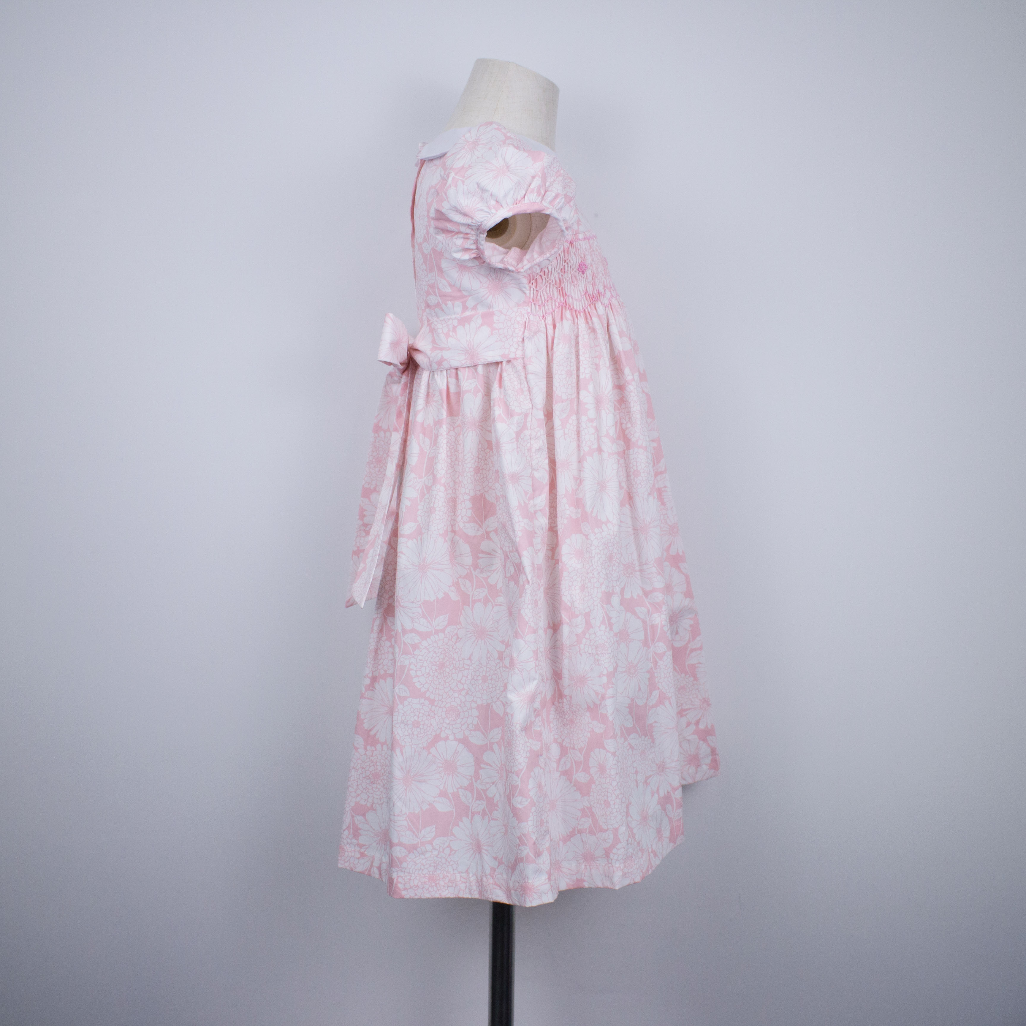 smock kids dress 022 pink sun flower round neck short sleeve A-line skirt smocked dresses for girls