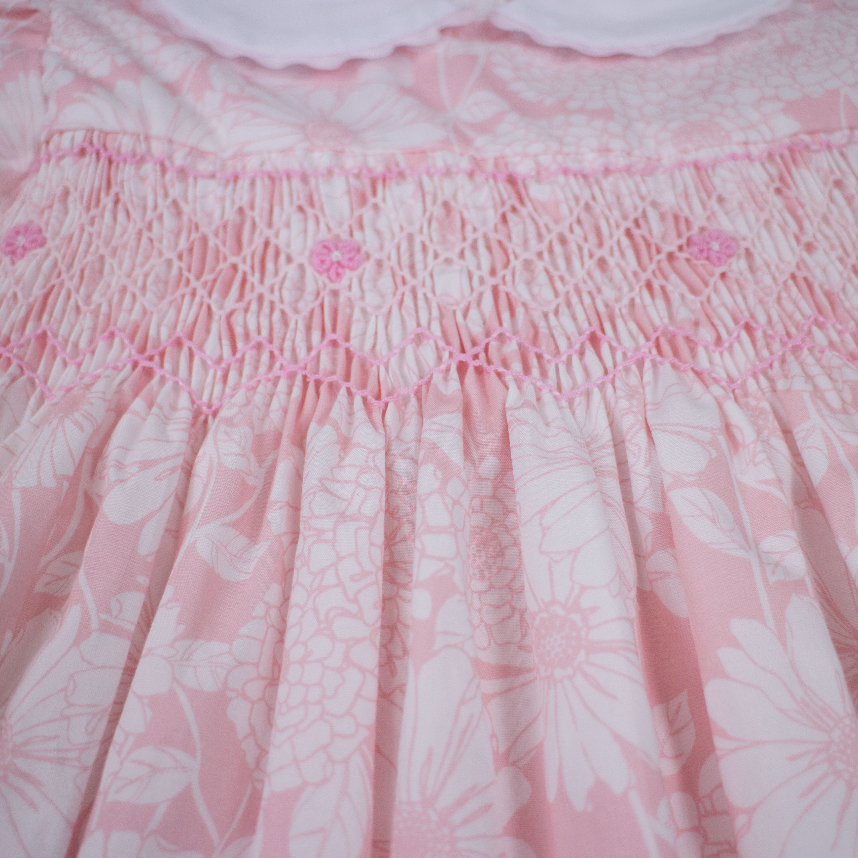 smock kids dress 022 pink sun flower round neck short sleeve A-line skirt smocked dresses for girls