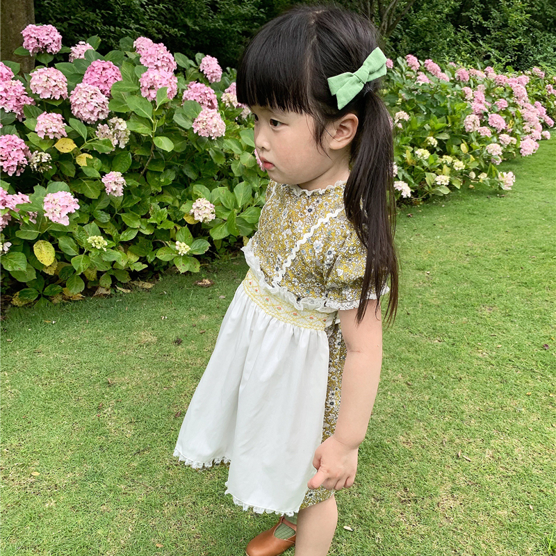 Vintage hand smocked embroidery disassembly apron floral dress long skirt children's clothing