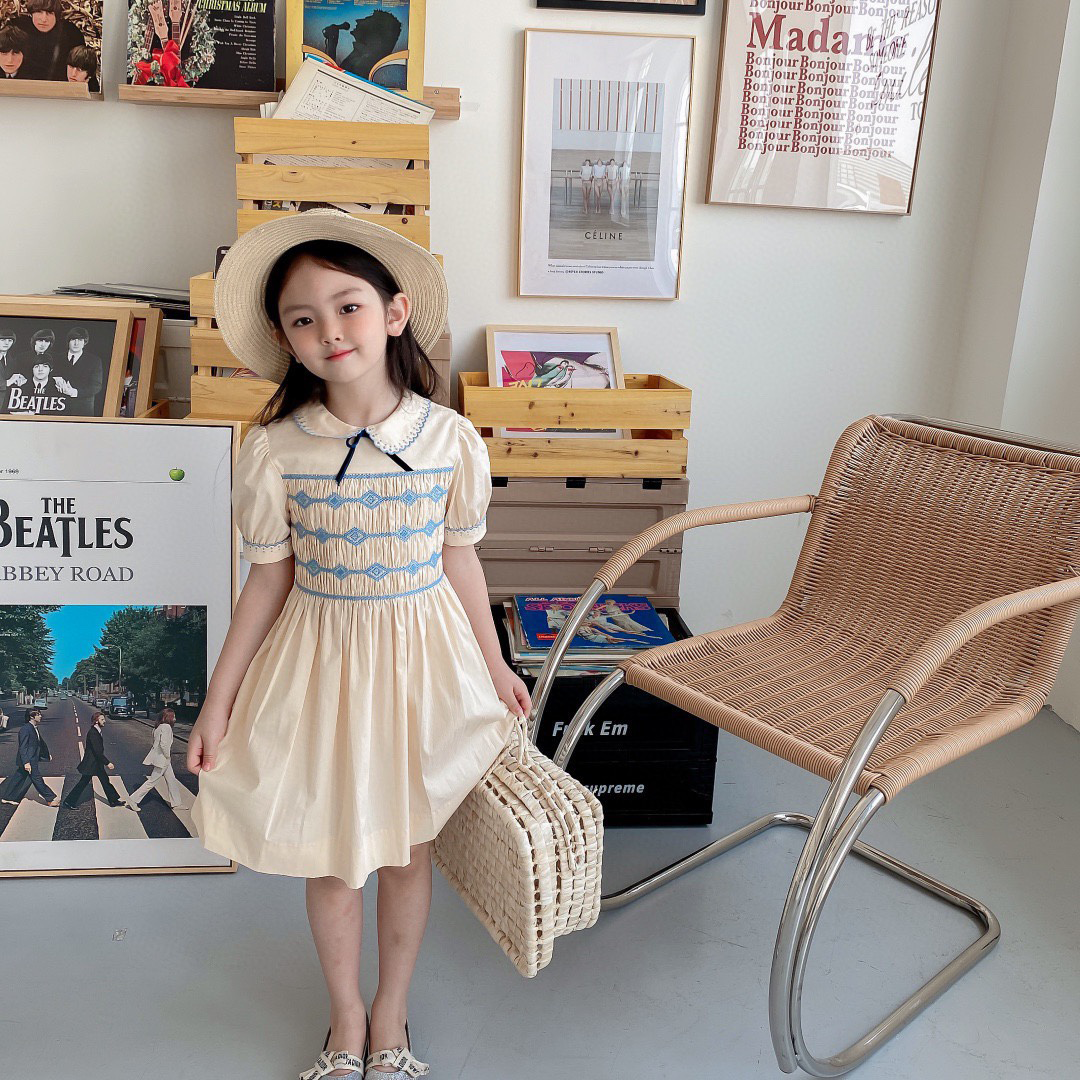 Children's clothing 4-12Y parent-child girls' embroidered smoking doll collar cotton satin dress 22 summer new