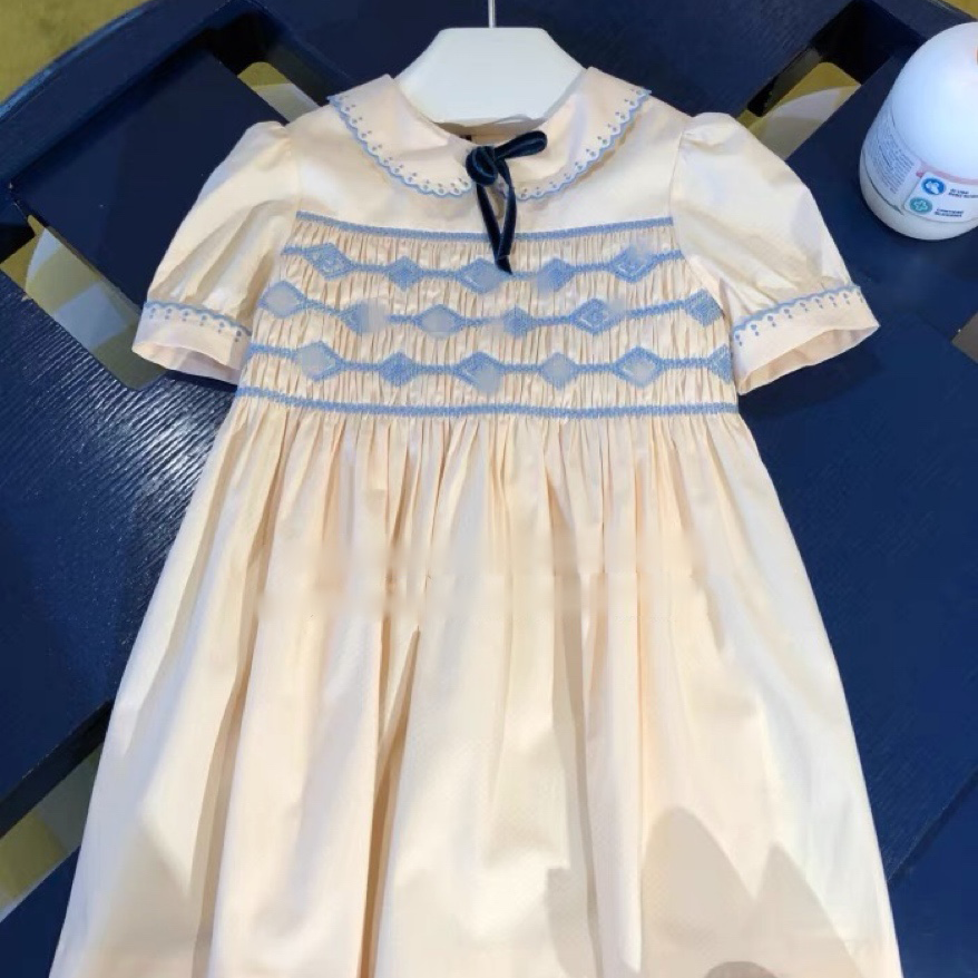 Children's clothing 4-12Y parent-child girls' embroidered smoking doll collar cotton satin dress 22 summer new