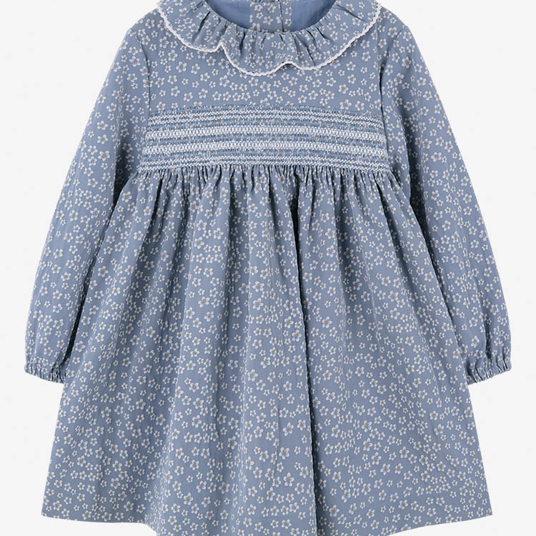 Girls' clothing smog blue pear flower falling rain smocked lotus leaf lace collar high breast line doll dress