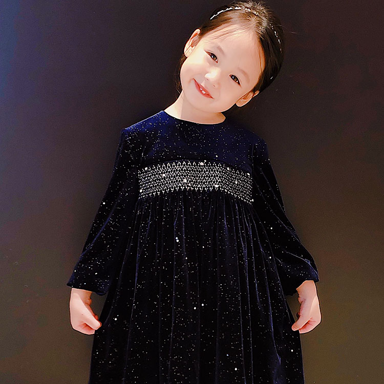 Spring and autumn hot selling dress skirt shiny velvet girls clothing coat smocking nail drill long sleeve princess baby dress