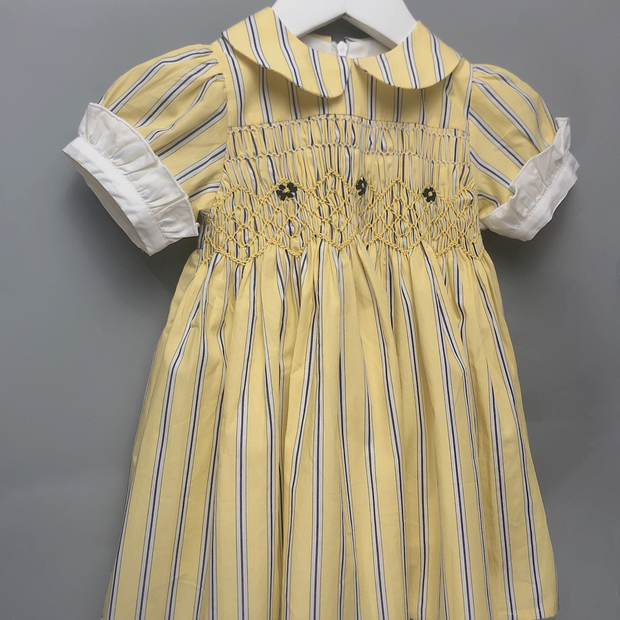 Summer short-sleeved girls handmade smocked embroidery dress yellow cotton striped princess dress Spanish style children's clothing