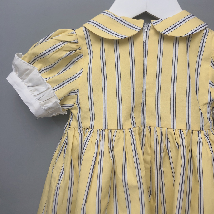 Summer short-sleeved girls handmade smocked embroidery dress yellow cotton striped princess dress Spanish style children's clothing