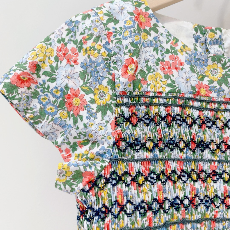 Designer brand children's clothing 2022 summer girls cotton green floral smocking dress French dress skirt