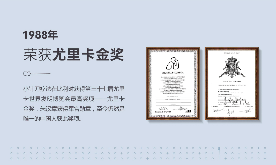 【1988年】小针刀疗法在比利时获得第三十七届尤里卡世界发明博览会最高奖项一-尤里卡金奖