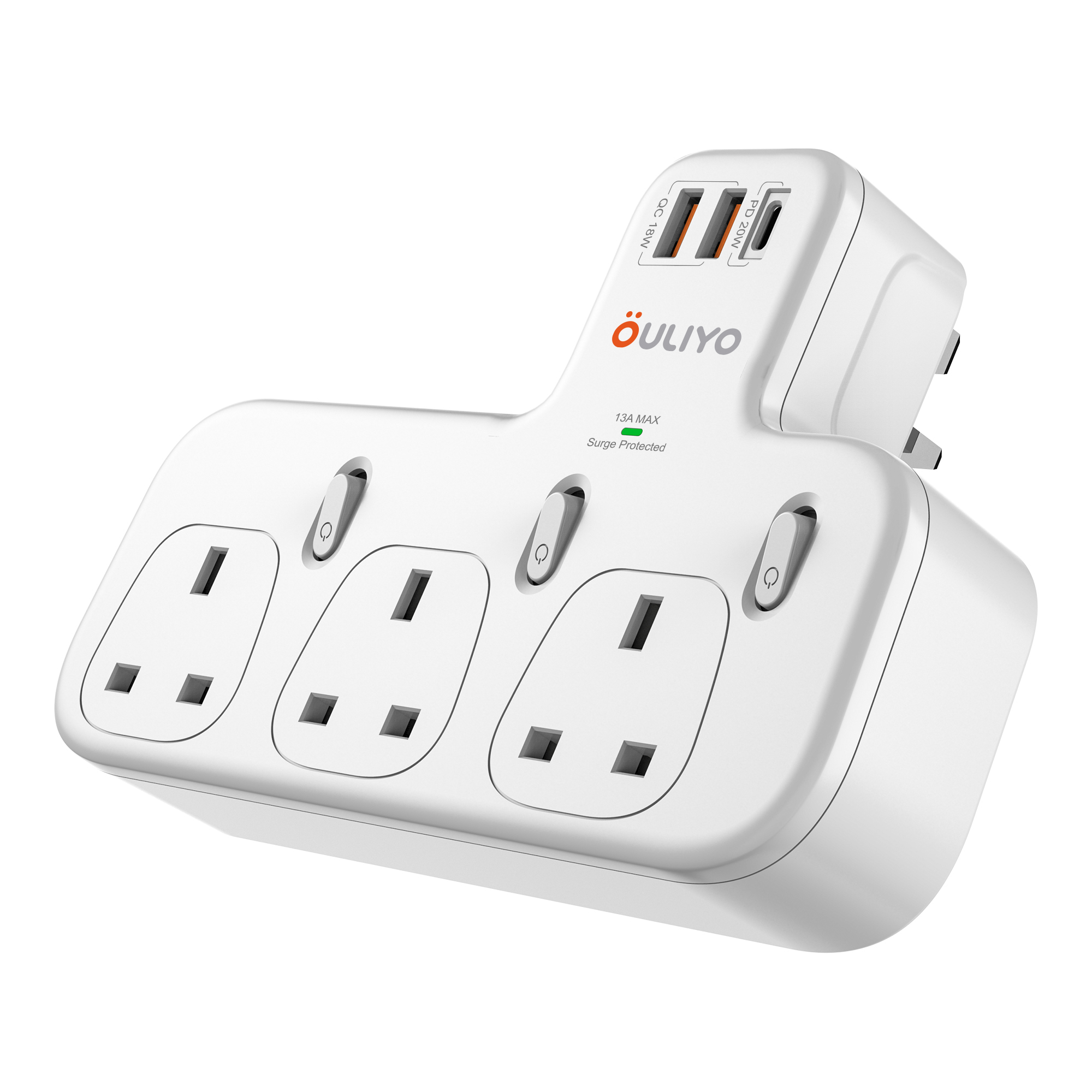 OL-817K-PQ 3 Way Plug Adapter UK, Multi Plug Extension with 3 USB, 13A 3250W Wall Socket Power Extender Wall Multi plug Charger Adaptor