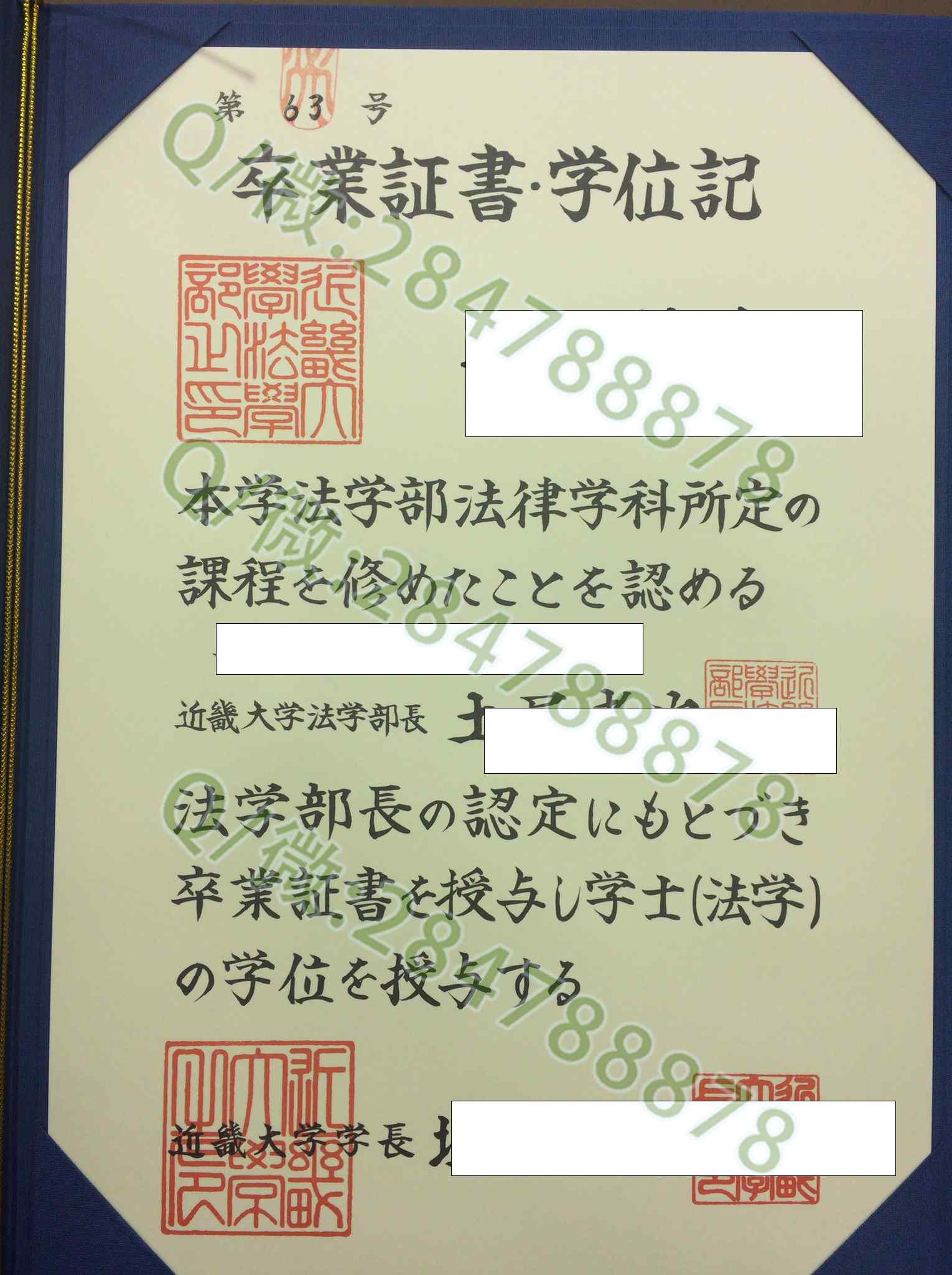 日本近畿大学学位记样本=毕业证图片模板