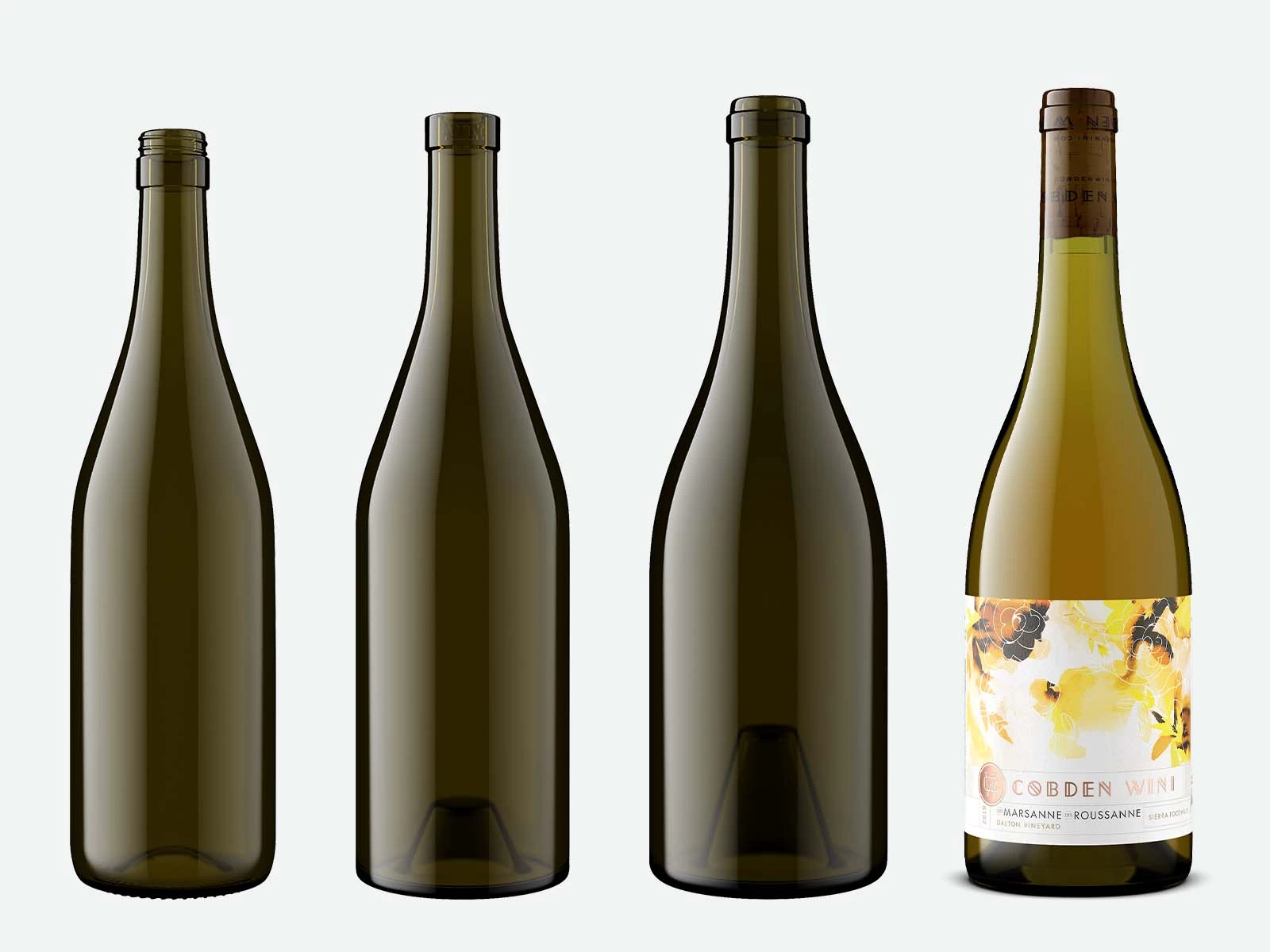 3 different empty Burgundy bottles and a burgundy bottle example with wine and a label