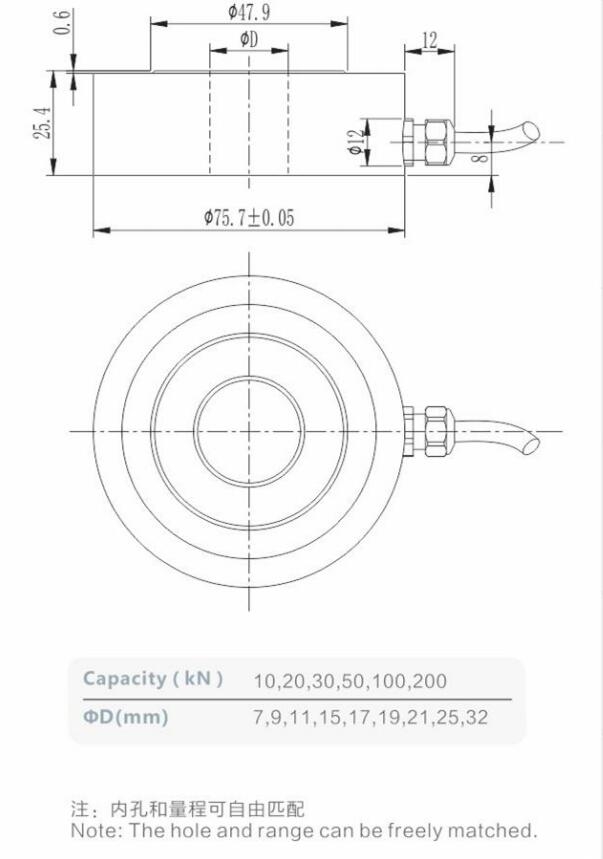 10/20/50/100/200kN Donut type stainless steel compression load cell (B119)