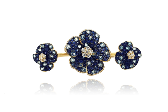 Sapphire, three flowers, two rings.