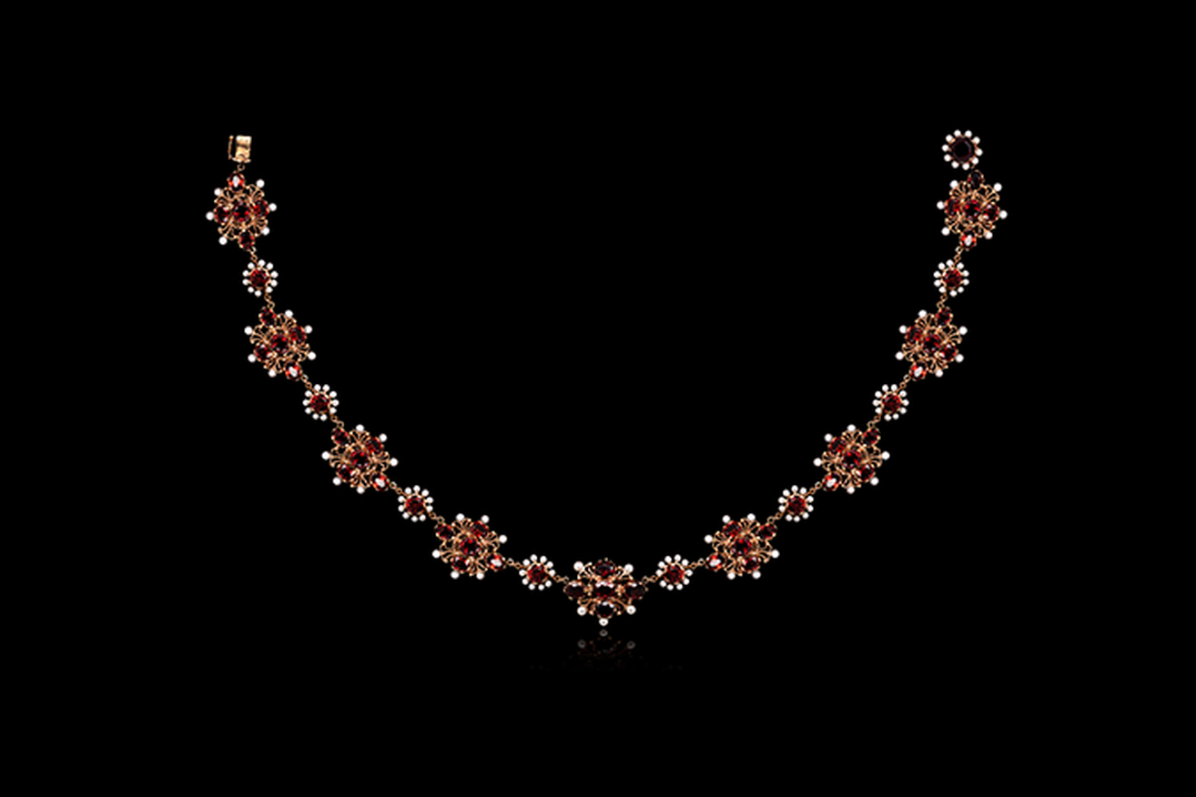 18th C. 14K Yellow Gold, Garnet & Pearl Necklace