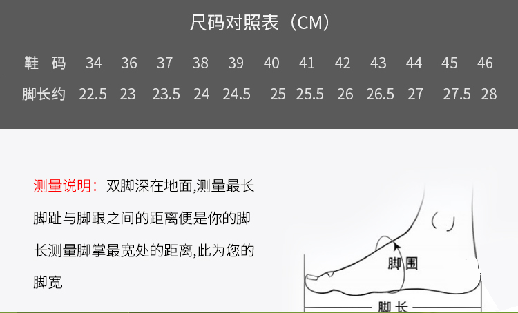 尺码对照