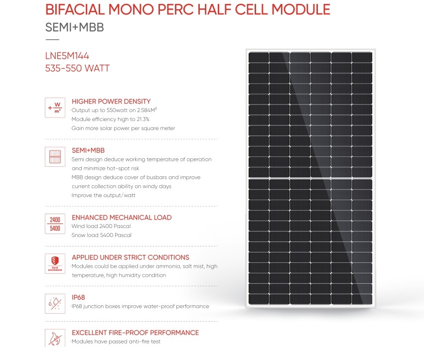 BIFACIAL MONO PERC HALF CELL MODULELNE5M144 535-550 WATT