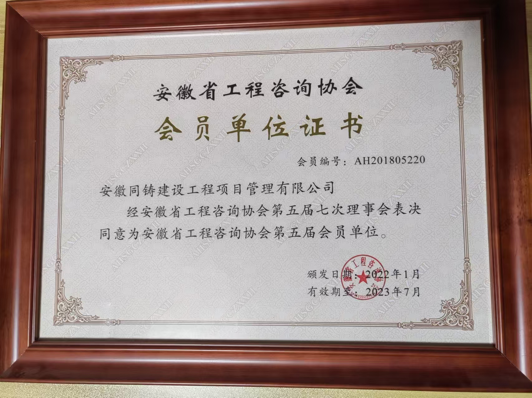 安徽省工程咨询协会会员单位证书