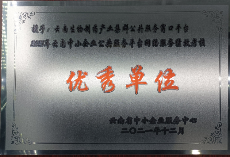 云南中小企业公共服务平台考核优秀单位-2021年